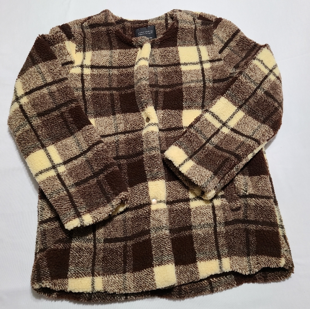 Sanctuary Plaid Snap Brown Teddy Coat Jacket sz S